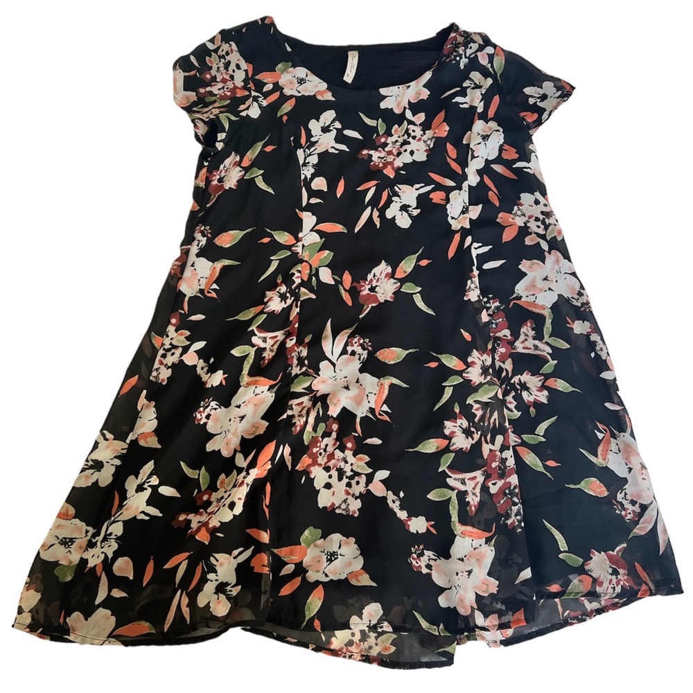 Finial Touch Floral Short Sleeve Black Mini Dress